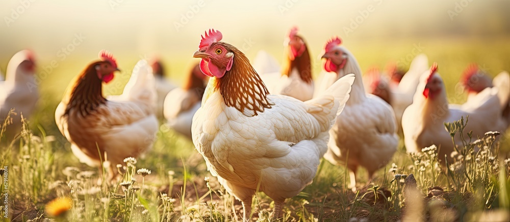 Poster hens grazing on grass in a free range organic farm copy space image place for adding text or design