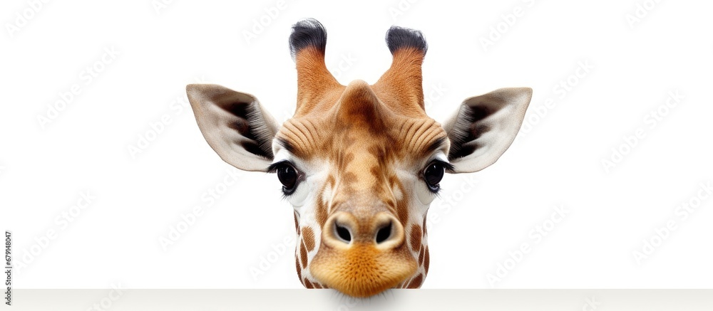 Poster funny looking giraffe head isolated on white background copy space image place for adding text or de
