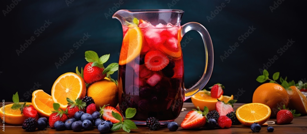 Poster fruity sangria with summer berries in a pitcher copy space image place for adding text or design