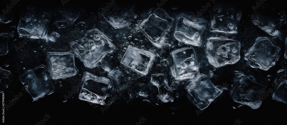 Poster ice cubes crushed on black background creating a chilling bottle shaped frame border copy space imag