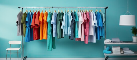 Hospital uniform for patients hanging on clothes rack used for hygiene purposes Copy space image Place for adding text or design