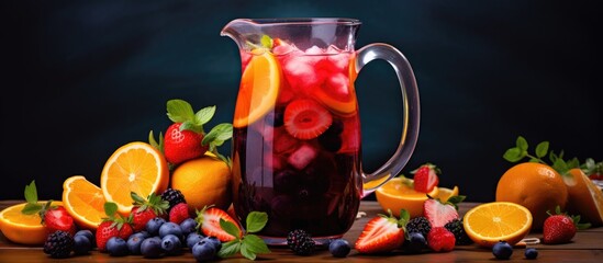 Fruity sangria with summer berries in a pitcher Copy space image Place for adding text or design