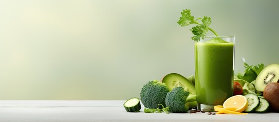 Green healthy smoothie in a glass nutritious morning meal vegetarian diet raw vegetables like broccoli avocado celery salad kiwi apple and lime Ideal for the family s healthy eating and diet Co
