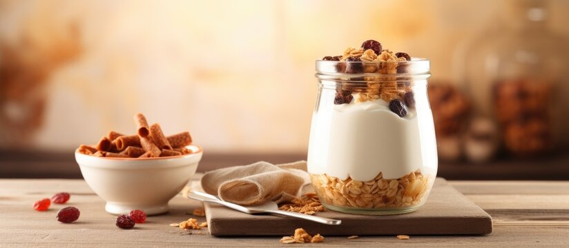Healthy breakfast concept featuring homemade baked muesli with oats hazelnuts and chocolate served with fresh yogurt in a glass jar Morning table background with close up food Copy space image