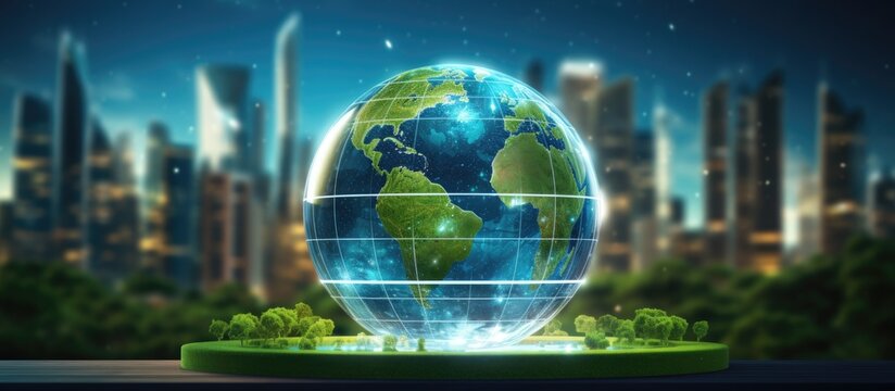 Holographic eco hud depicting diverse icons and lines over a blurred city background Represents green energy and renewable sources Copy space image Place for adding text or design