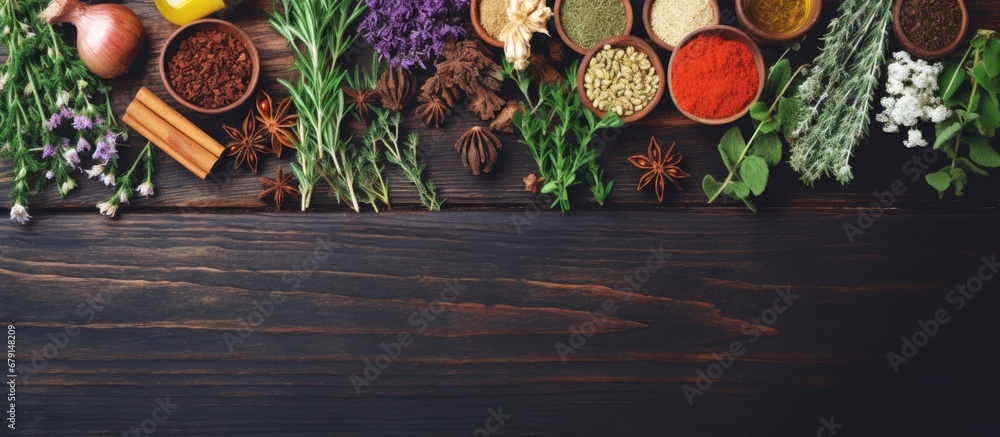 Aufkleber herbal remedy and plants in alternative medicine naturopathy and dietary supplement shown from above