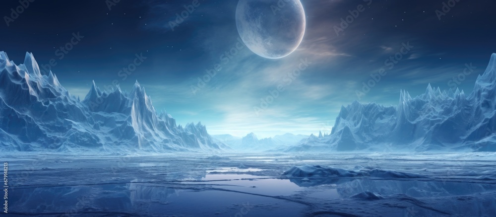 Poster frozen cracked ice and fog create a night fantasy with a starry sky and moonlit reflections copy spa