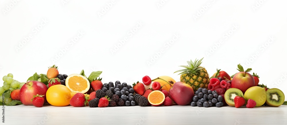 Poster high quality product photo of various organic fruits on a white background with copy space copy spac