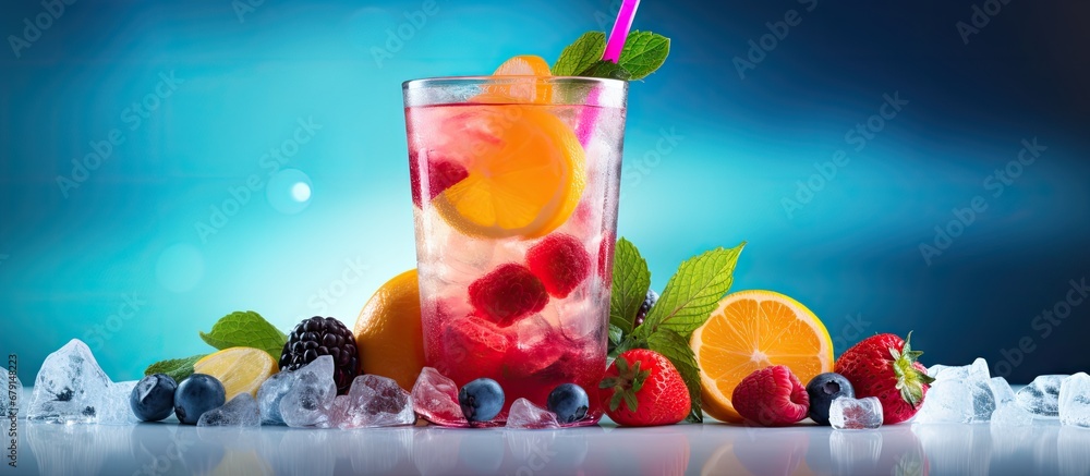 Poster fruit topped chilled beverage with ice copy space image place for adding text or design