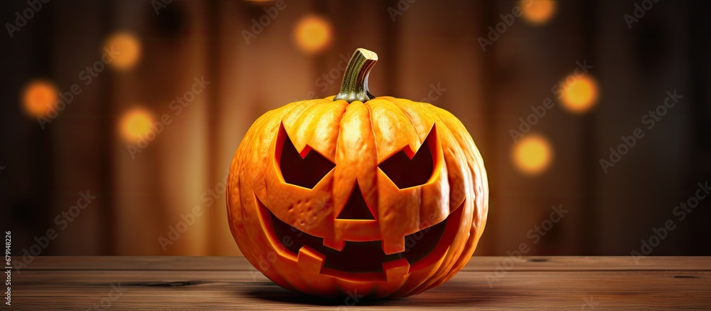 Poster jack o lantern on wood background copy space image place for adding text or design