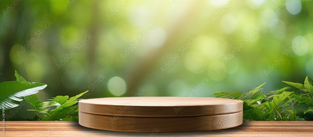 Aufkleber green leafy forest background with a podium for product display copy space image place for adding te
