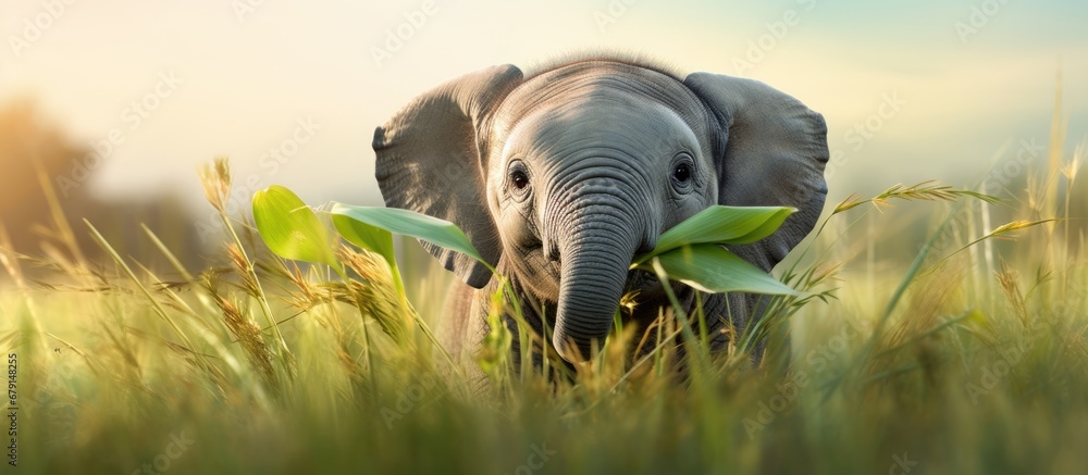 Poster front view of a baby elephant munching on grass copy space image place for adding text or design