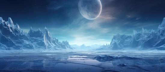Naklejka na ściany i meble Frozen cracked ice and fog create a night fantasy with a starry sky and moonlit reflections Copy space image Place for adding text or design