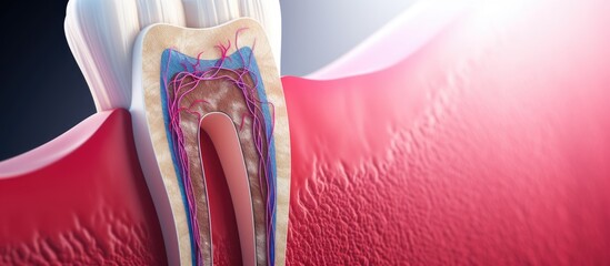Illustration of conventional periodontal therapy Scaling and root planing performed through open curettage shown in 3D Copy space image Place for adding text or design
