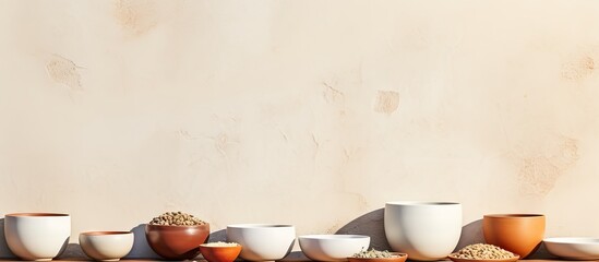 Health food displayed on papyrus background using white porcelain bowls and dishes Copy space image Place for adding text or design