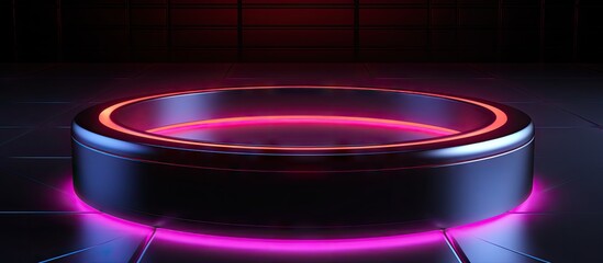 Futuristic display template for product comparison with neon rings on floor and a podium on black background Copy space image Place for adding text or design