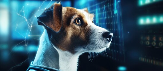 Jack Russell Terrier observes virtual medical brain research menu Copy space image Place for adding text or design - obrazy, fototapety, plakaty
