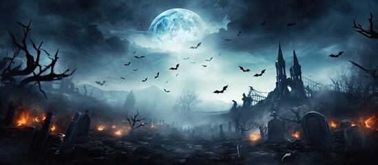 Halloween concept with a rising zombie at night surrounded by bats and a graveyard Copy space image Place for adding text or design