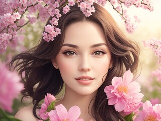 Naklejka premium Beautiful young woman portrait with spring blooming pink flowers