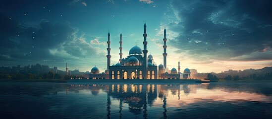 Islamic background mosque with stunning landscape Copy space image Place for adding text or design - obrazy, fototapety, plakaty