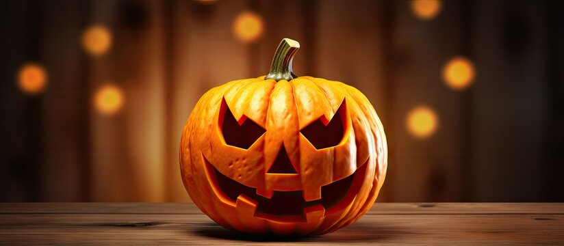Jack o lantern on wood background Copy space image Place for adding text or design