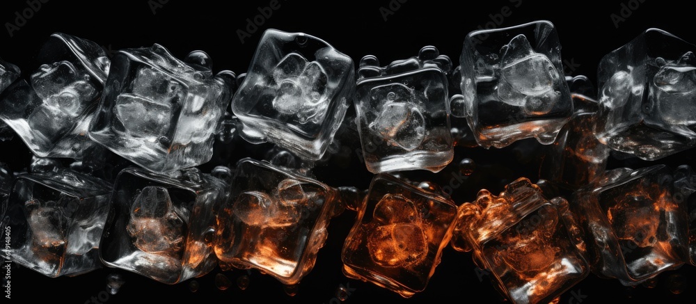 Poster ice cubes crushed on black background creating a chilling bottle shaped frame border copy space imag
