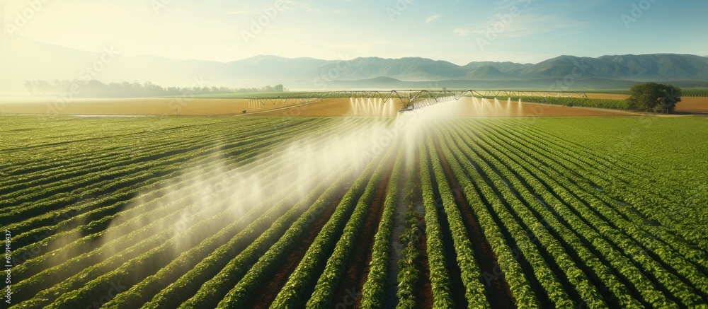 Poster high quality drone photo of potato field with impressive irrigation system copy space image place fo
