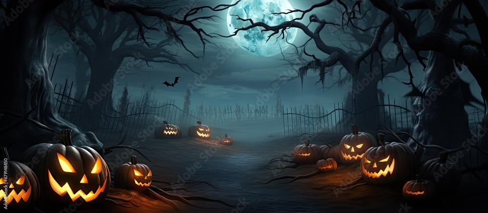 Poster glowing jack o lanterns in the spooky halloween night copy space image place for adding text or desi