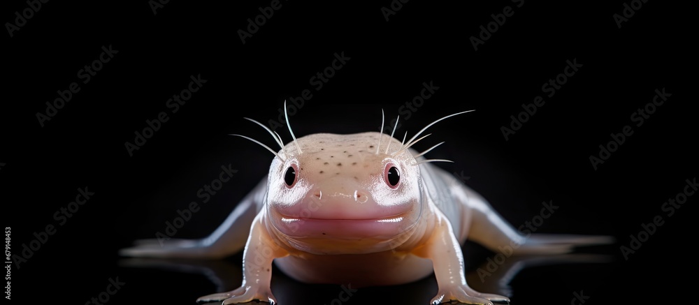 Poster front view of a black background axolotl copy space image place for adding text or design