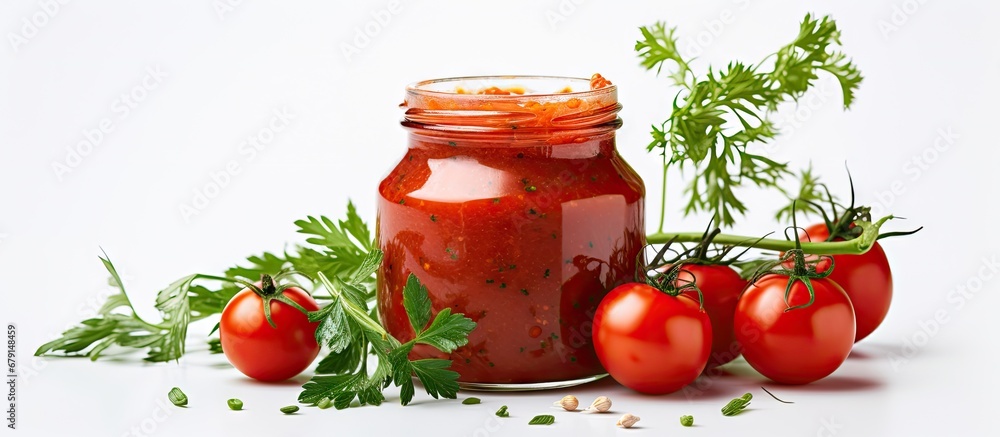 Poster glass jar containing homemade tomato sauce with tomatoes and herbs against a white backdrop copy spa