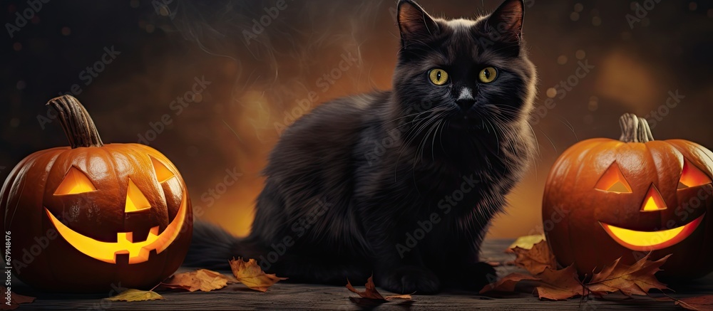 Poster halloween style art with a black cat on a pumpkin copy space image place for adding text or design