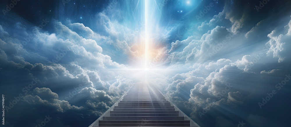 Poster heavenly staircase artwork glowing upward copy space image place for adding text or design