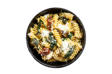 Delicious pasta fusilli dish with creamy spinach sauce and dried tomatoes. Transparent background. Isolated.