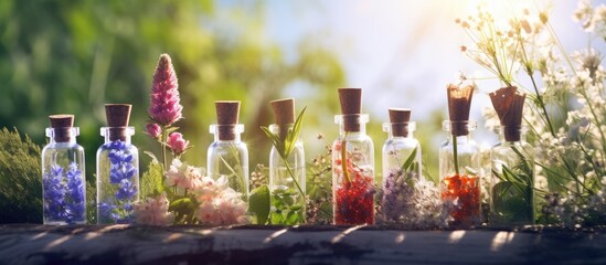 Homeopathy medicine with healing herbs and flowers in bottles Copy space image Place for adding text or design
