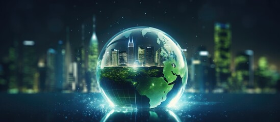 Holographic eco hud depicting diverse icons and lines over a blurred city background Represents green energy and renewable sources Copy space image Place for adding text or design
