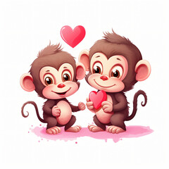 Monkey in love with heart couple animals with heart