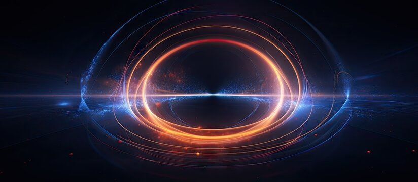 Glowing neon ring moves in a loop on dark galaxy background Abstract neon light circles Laser show in virtual reality outer space with star panorama Copy space image Place for adding text or de