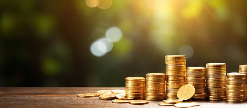 Gold coins and medicine on a wooden table in bright light Copy space image Place for adding text or design