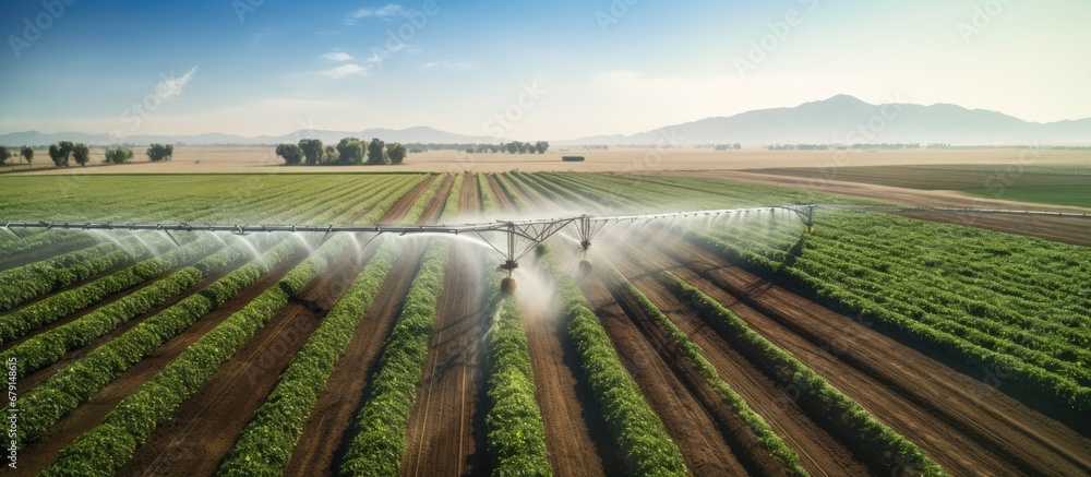 Poster high quality drone photo of potato field with impressive irrigation system copy space image place fo