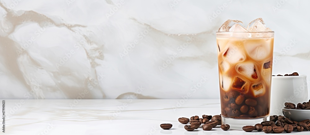 Poster icy milk coffee on marble table copy space image place for adding text or design