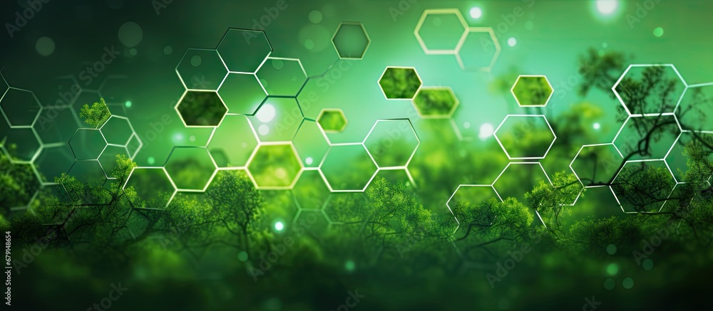 Poster hexagonal shape of connected icons on green background illustrating sustainable business and environ