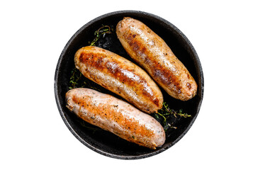 Pork sausages in a cast-iron pan.  Transparent background. Isolated.