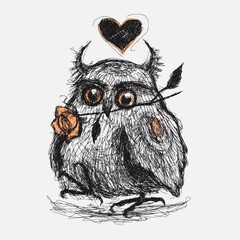 Hand drawn illustration with an owl and a rose. Character in love. Cute image, nice card for Valentine's Day, love expression.  - 679148631