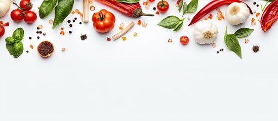 Ingredients Tomato basil spices chili pepper onion garlic Vegan dish creative arrangement on white Fresh basil herb tomato pattern cooking idea from above Copy space image Place for adding text - obrazy, fototapety, plakaty
