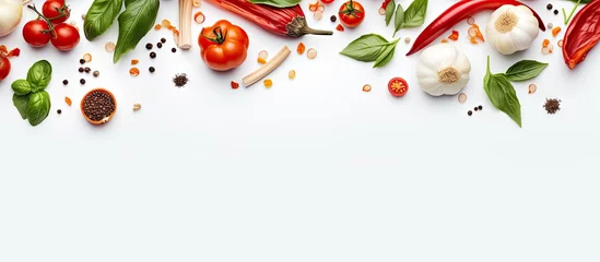 Poster Ingredients Tomato basil spices chili pepper onion garlic Vegan dish creative arrangement on white Fresh basil herb tomato pattern cooking idea from above Copy space image Place for adding text © Ilgun