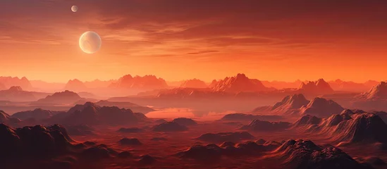 Fotobehang Futuristic 3D rendered landscape with mountains and a red orange planet in the sky Copy space image Place for adding text or design © Ilgun