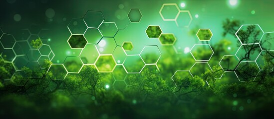 Hexagonal shape of connected icons on green background illustrating sustainable business and environmental protection Copy space image Place for adding text or design