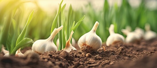 Freshly harvested organic garlic with roots collected in a garden Copy space image Place for adding text or design - obrazy, fototapety, plakaty