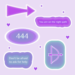 Numerology angel numbers 444 stickers. Set of illustrations for vision board of arrow and motivational quote