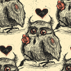 Hand drawn illustration with an owl and a rose. Character in love. Cute image, nice card for Valentine's Day, love expression. Seamless texture, pattern. - 679148677
